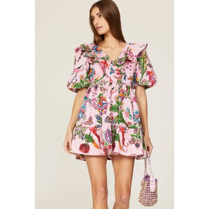 Banjanan Scorpio Dress Tree Of Life Pink Multi Mini Ruffle Tiered LG Poplin EUC